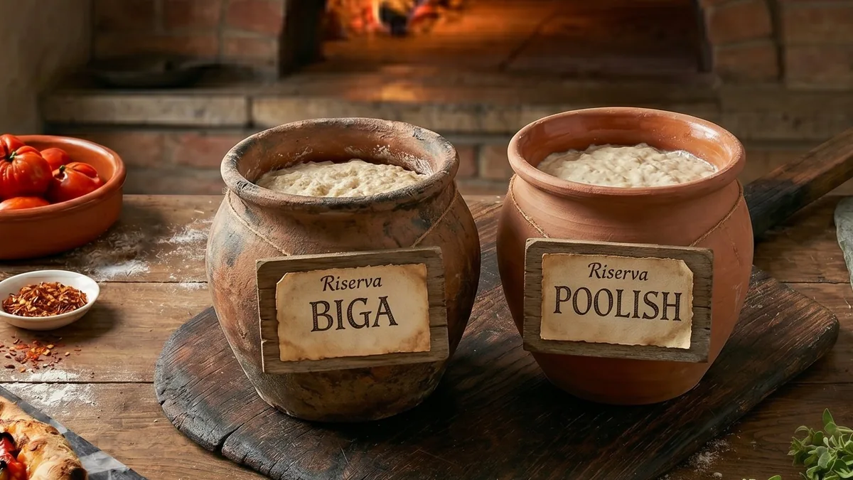 Biga y poolish: dos prefermentos para masa de pizza en cuencos sobre mesa de madera