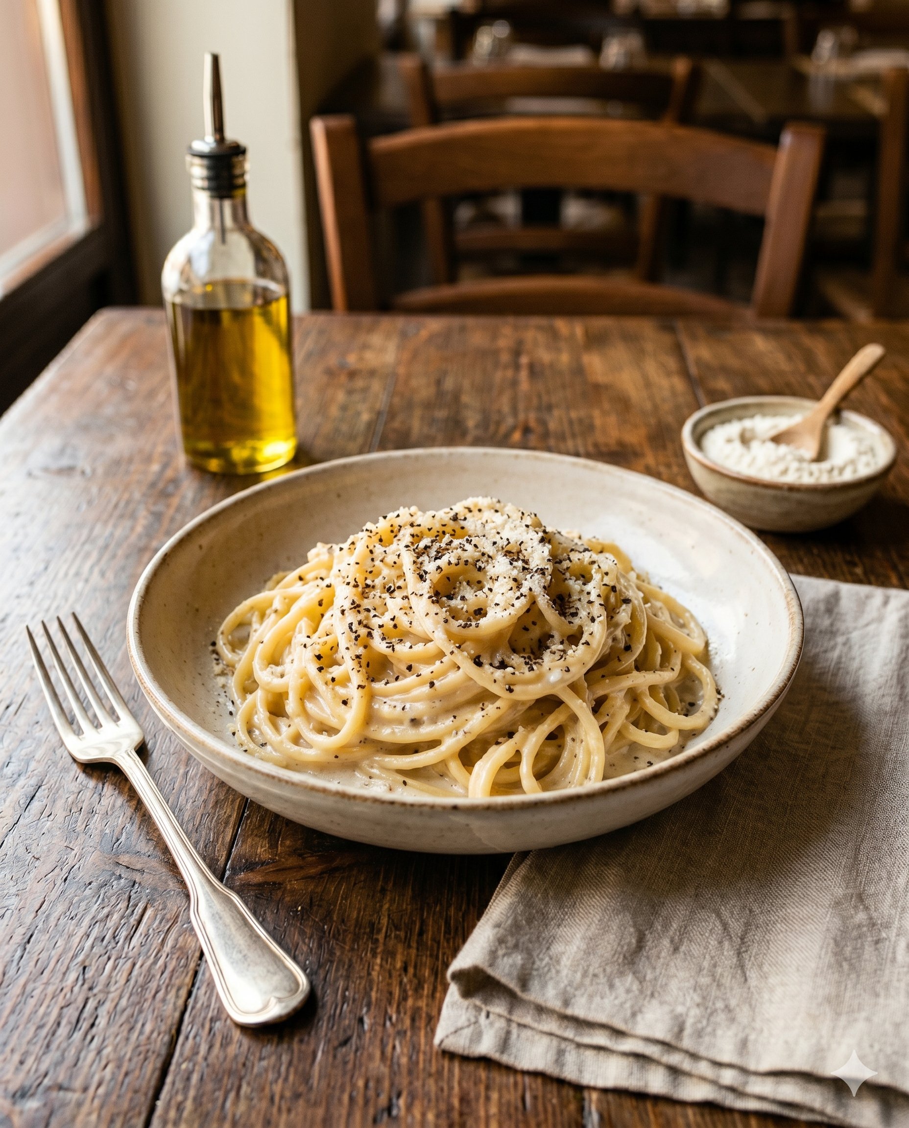 Cacio e pepe pasta romana con pecorino y pimienta