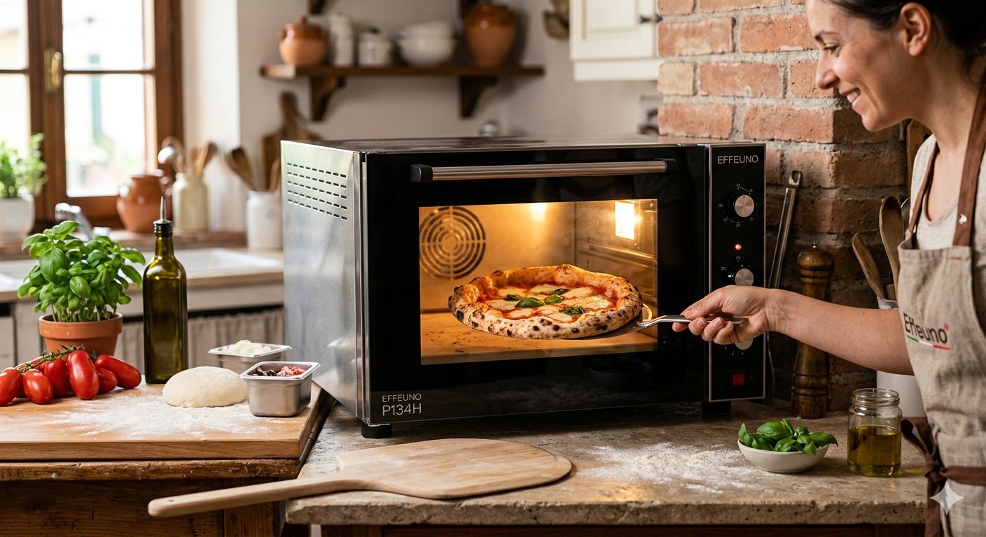 Effeuno P134H horno eléctrico pizza para interior — mujer extrayendo pizza napolitana con pala en cocina rústica