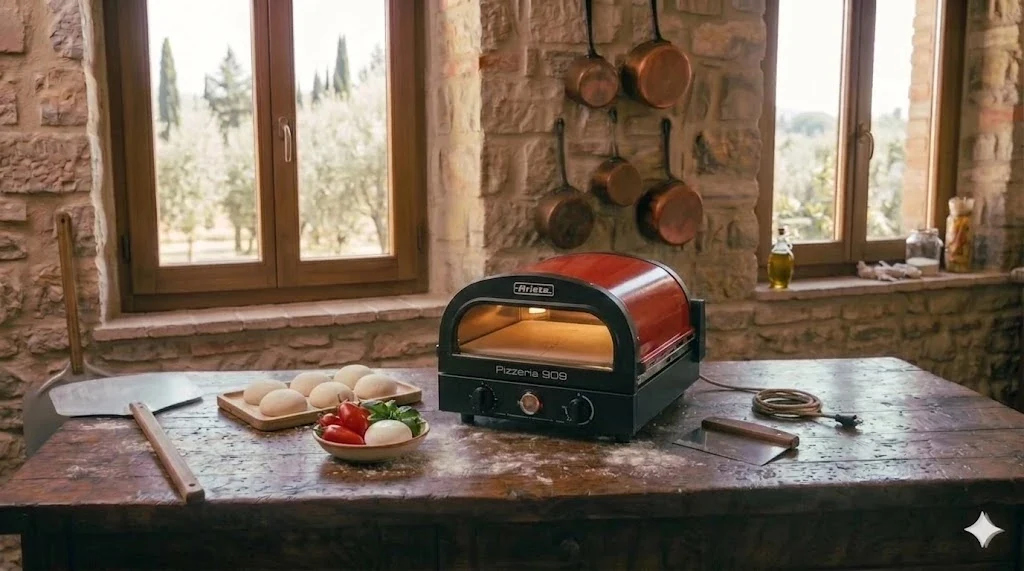 Ariete 909 Pizzeria on Air horno pizza eléctrico doméstico rojo en cocina italiana rústica