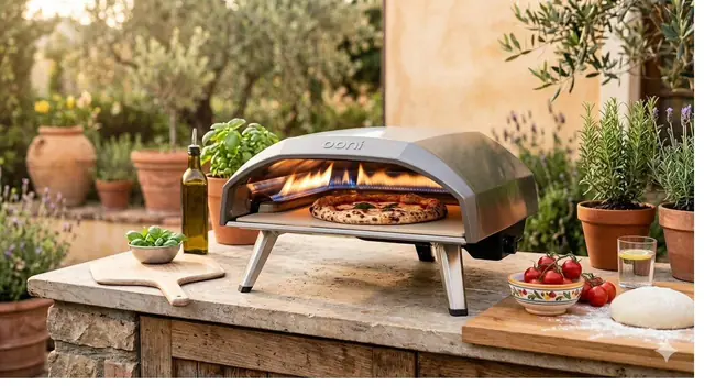 Ooni Koda 16 horno de pizza de gas exterior con pizza napolitana en jardín mediterráneo