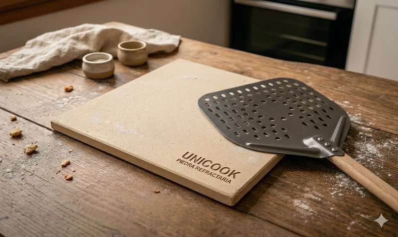 Pala de pizza perforada de aluminio apoyada sobre piedra refractaria Unicook en mesa de cocina