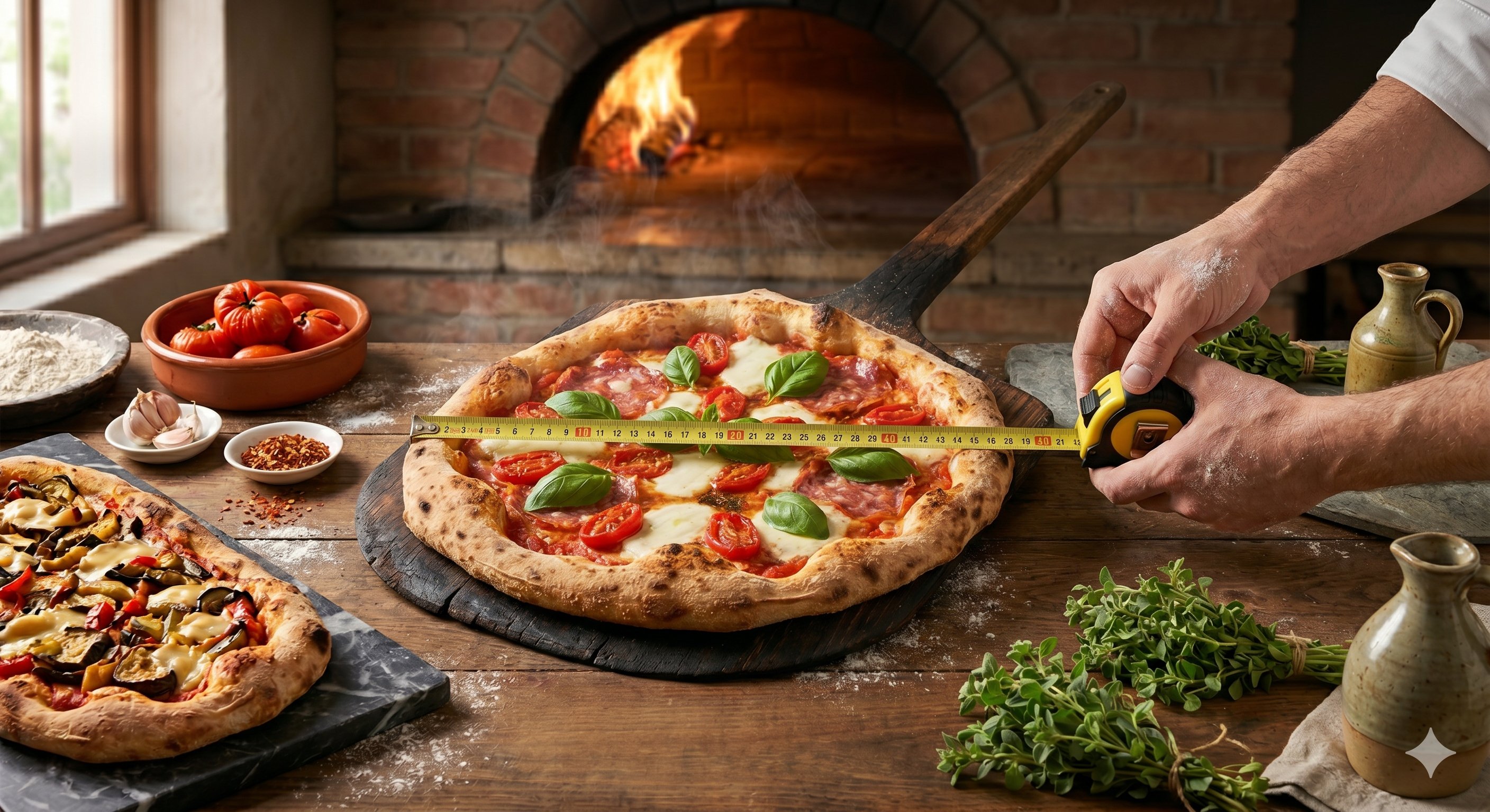 Chef midiendo el diámetro de una pizza napolitana con cinta métrica frente a horno de leña