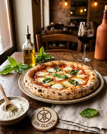 Pizza sin gluten casera con base crujiente y bordes dorados