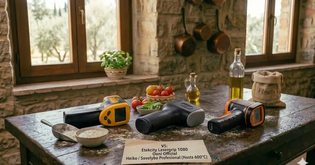 Los tres termómetros láser para horno de pizza comparados sobre mesa de madera italiana