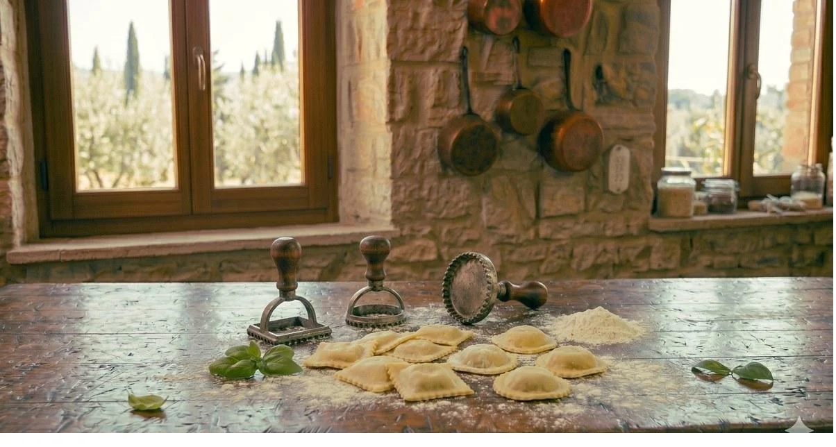 Set de cortapastas para ravioli con raviolis frescos en tabla de madera italiana