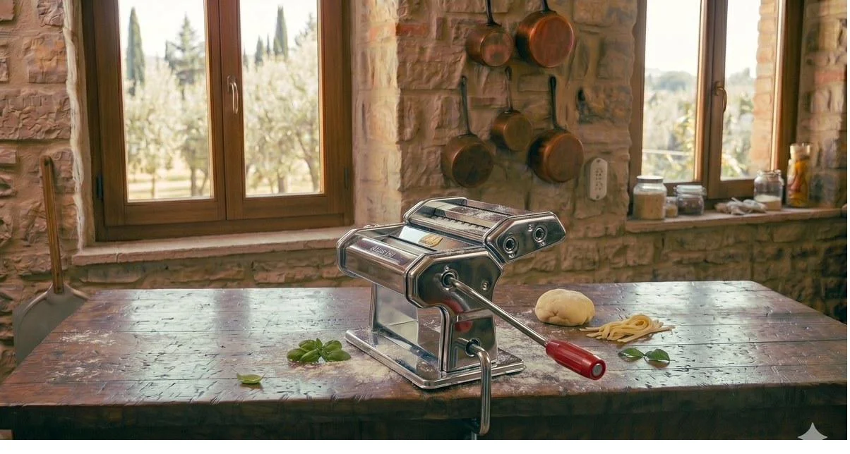 Máquina de pasta Marcato Atlas 150 en cocina italiana rústica con masa y tagliatelle