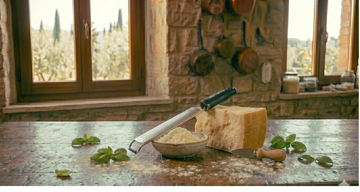 Rallador Microplane fino con parmesano rallado y cuña de Parmigiano Reggiano, cocina italiana
