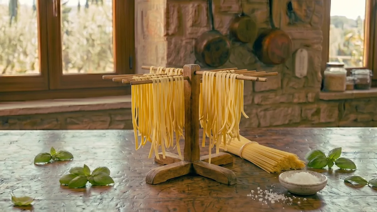 Secadero de pasta de madera con tagliatelle y espaguetis frescos colgando en cocina italiana rústica